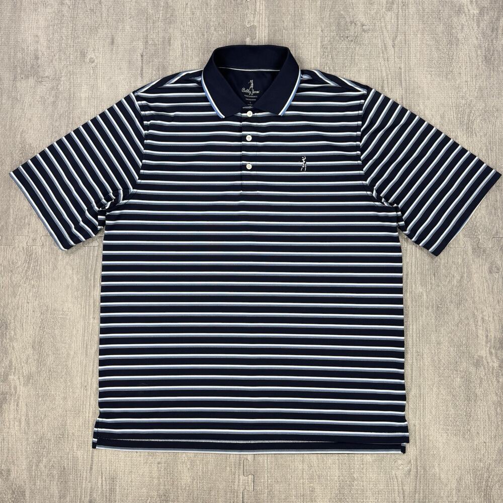 NWOT Bobby Jones Performance Stripe Golf Polo Shirt Blue Mens L Preppy Embroider